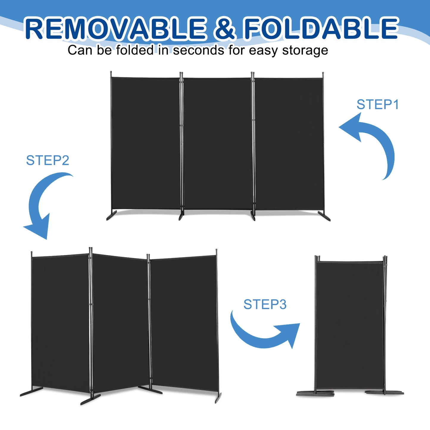 6FT Trifold Polyester Fabric Plastic Foot Carbon Steel Frame Foldable Screen Black