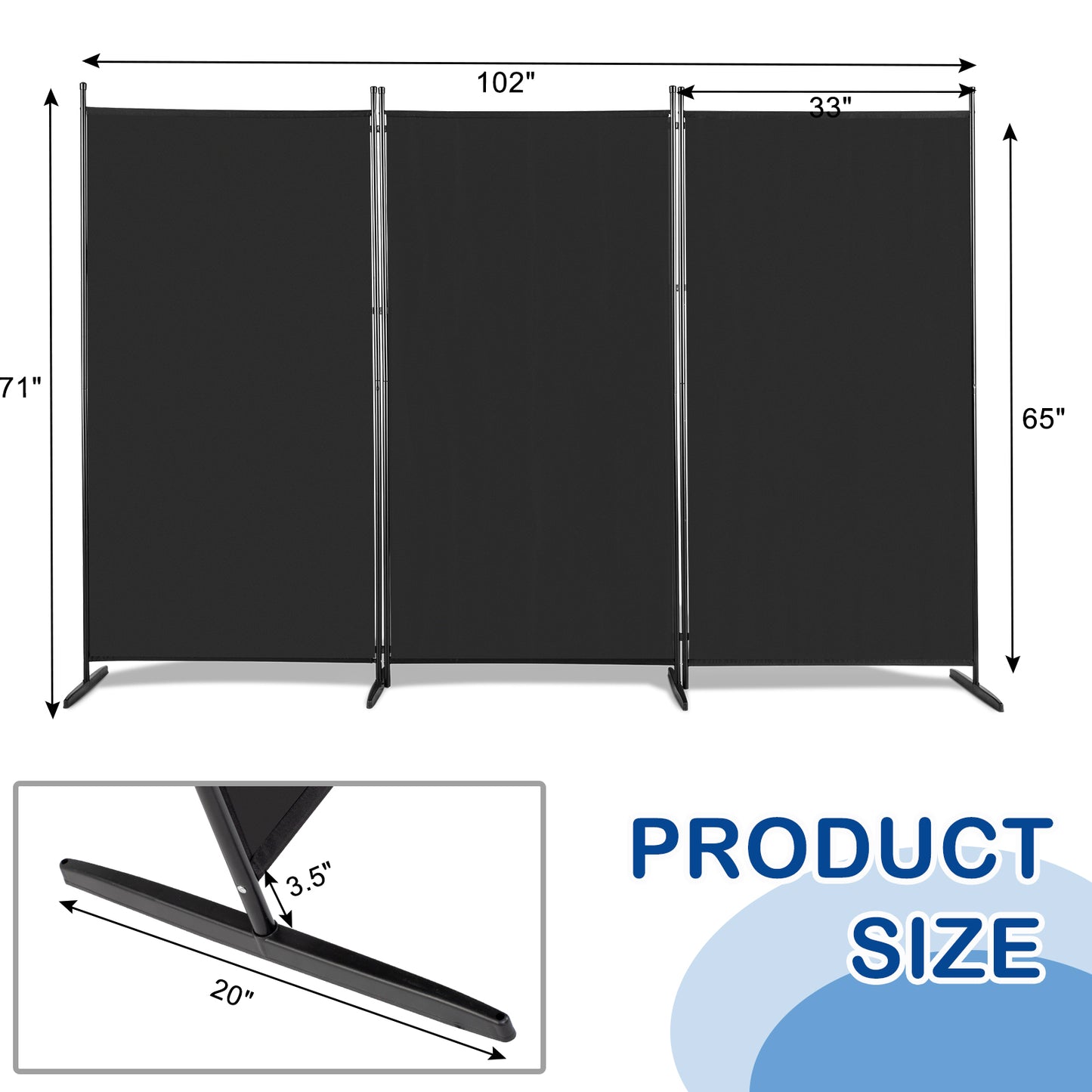 6FT Trifold Polyester Fabric Plastic Foot Carbon Steel Frame Foldable Screen Black