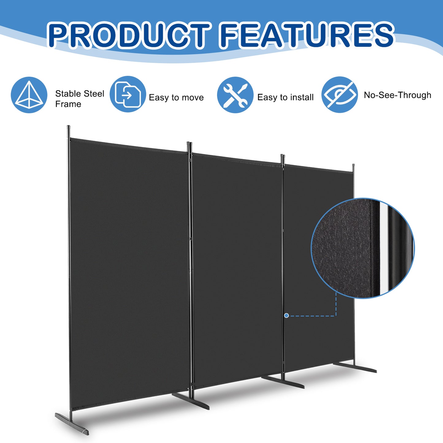 6FT Trifold Polyester Fabric Plastic Foot Carbon Steel Frame Foldable Screen Black