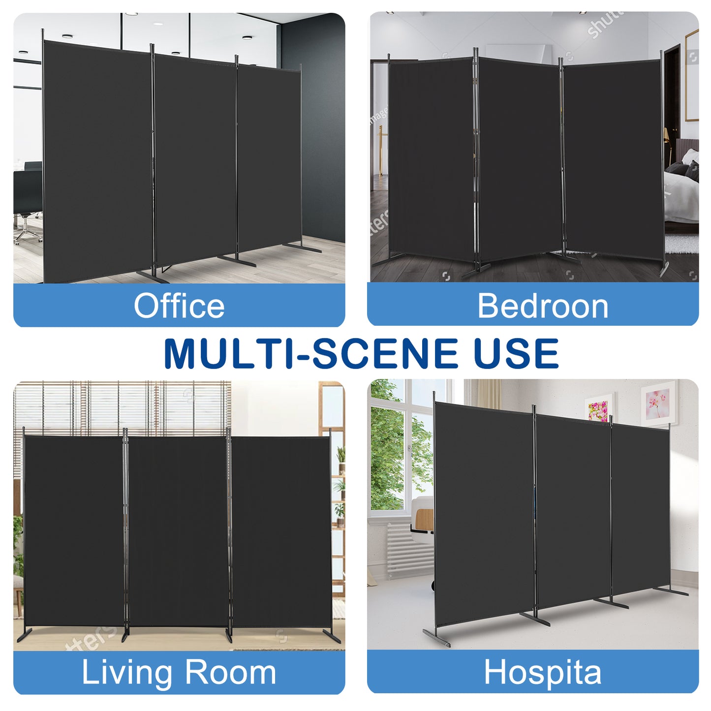 6FT Trifold Polyester Fabric Plastic Foot Carbon Steel Frame Foldable Screen Black