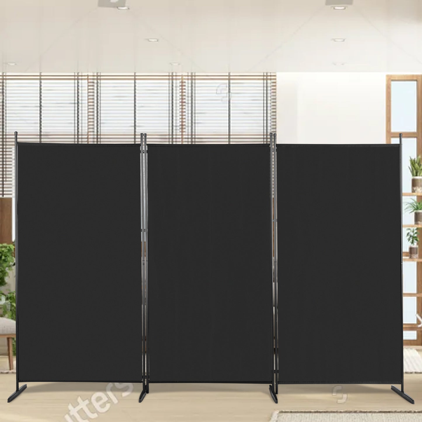 6FT Trifold Polyester Fabric Plastic Foot Carbon Steel Frame Foldable Screen Black