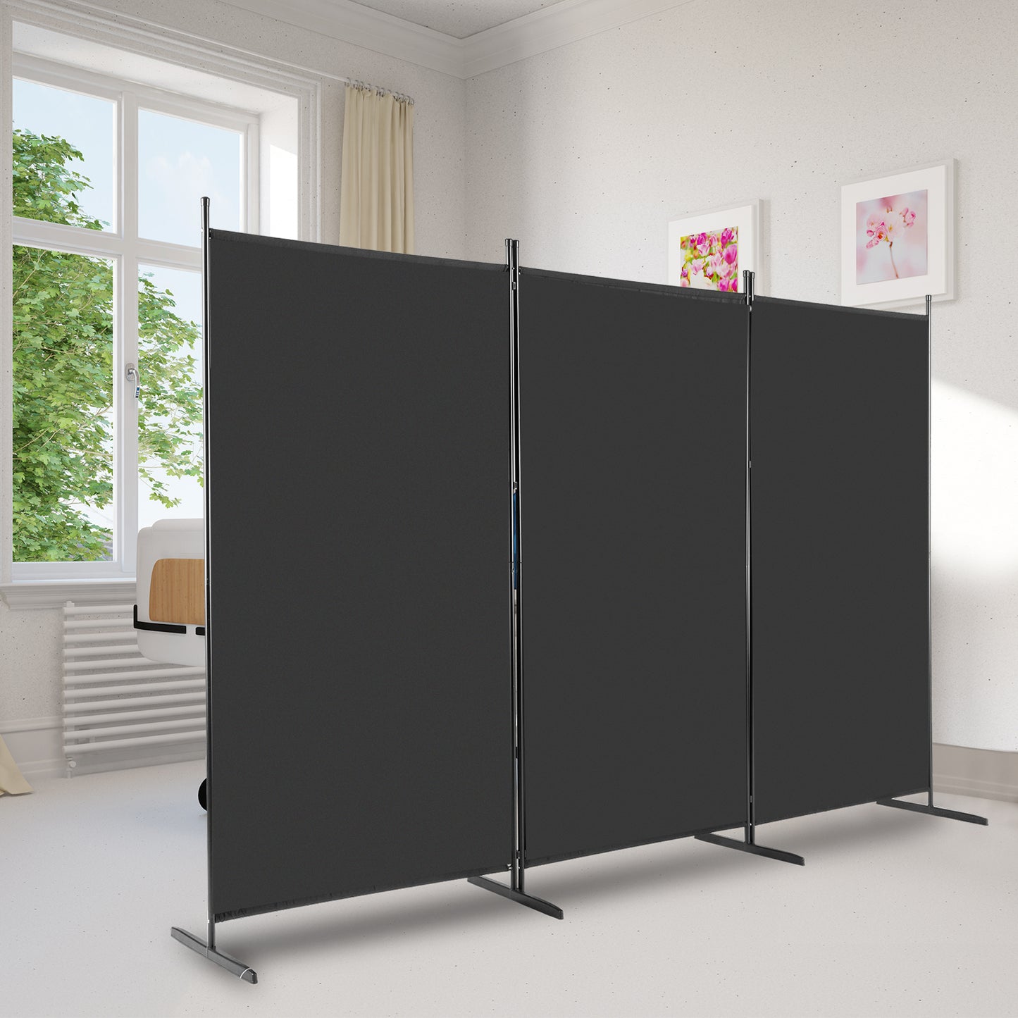 6FT Trifold Polyester Fabric Plastic Foot Carbon Steel Frame Foldable Screen Black